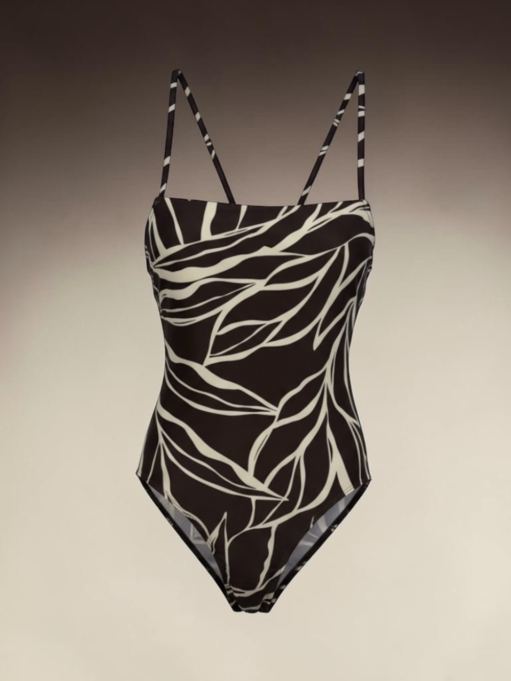 Black and Cream Leaf-Print One-Piece Swimsuit